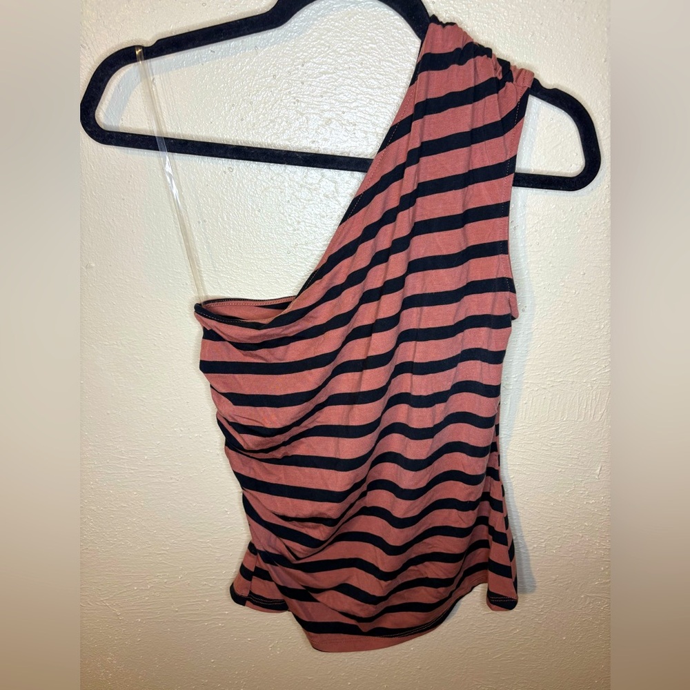 A New Day One Shoulder Brown and Black Ruched Tank Top